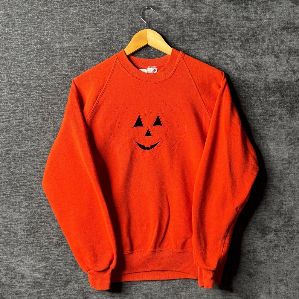 Vintage Jerzees Jack-O-Lantern Pumpkin Halloween Sweatshirt Orange Large Holiday
